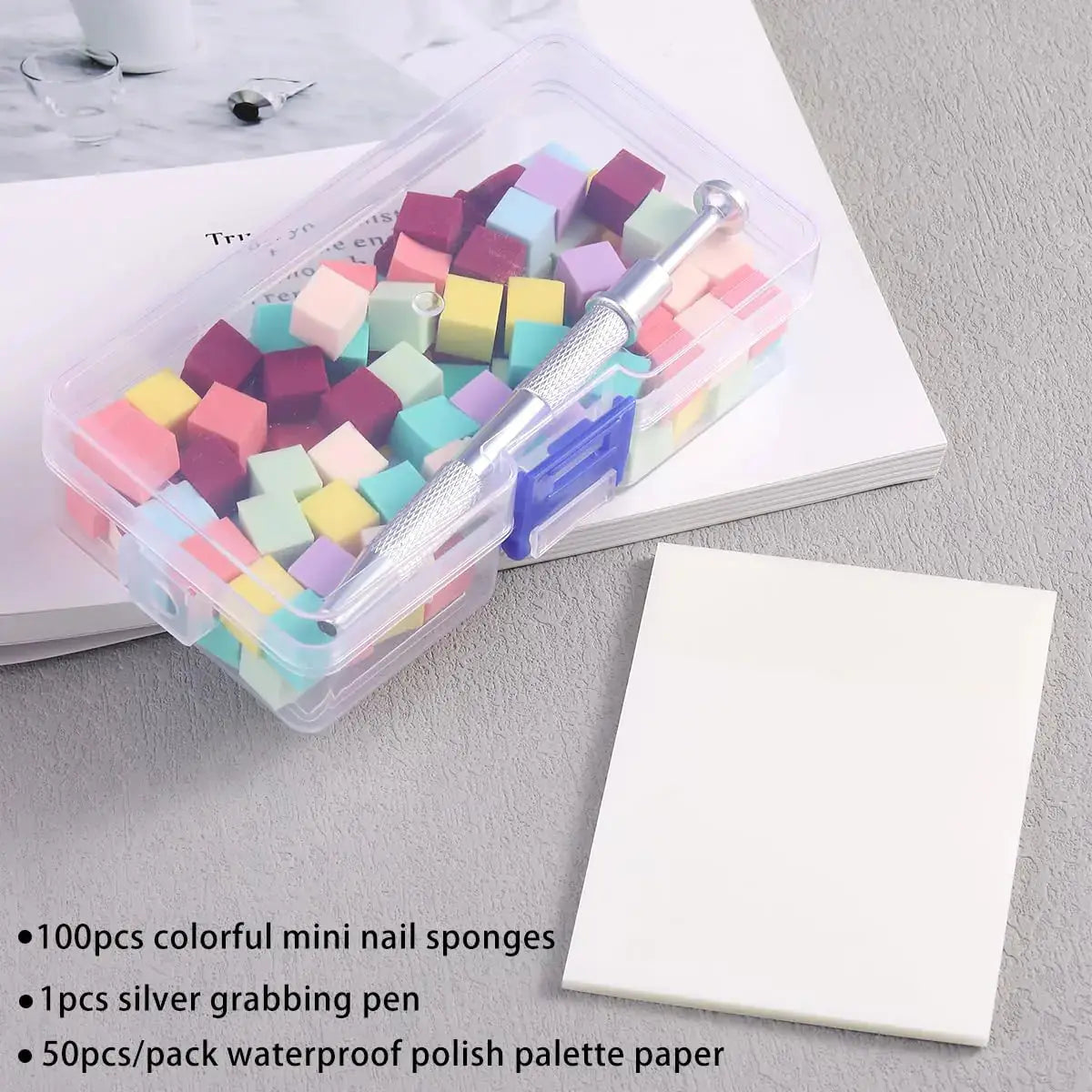 100Pcs Soft Nail Sponges for Ombre Mini Nail Art With Grabbing Pen & Gel Polish Palette Paper