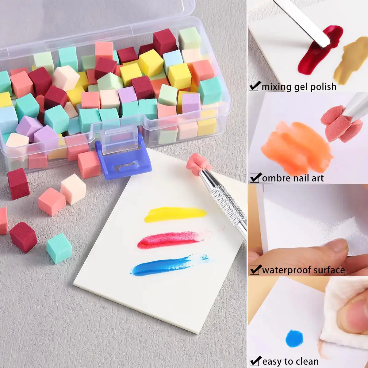 100Pcs Soft Nail Sponges for Ombre Mini Nail Art With Grabbing Pen & Gel Polish Palette Paper